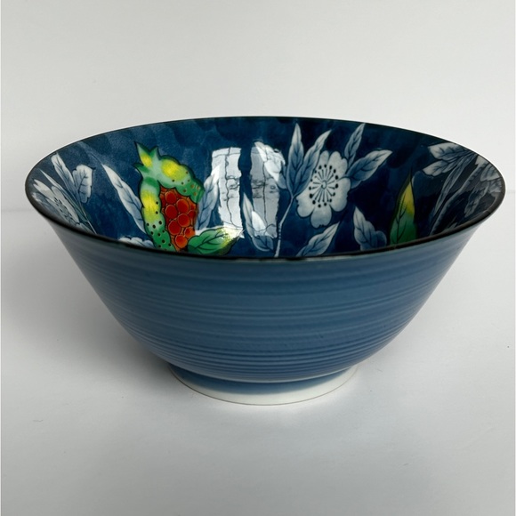 Blue Porcelain Rice Bowl with Red Strawberry and Floral Pattern Japanese - Picture 2 of 10